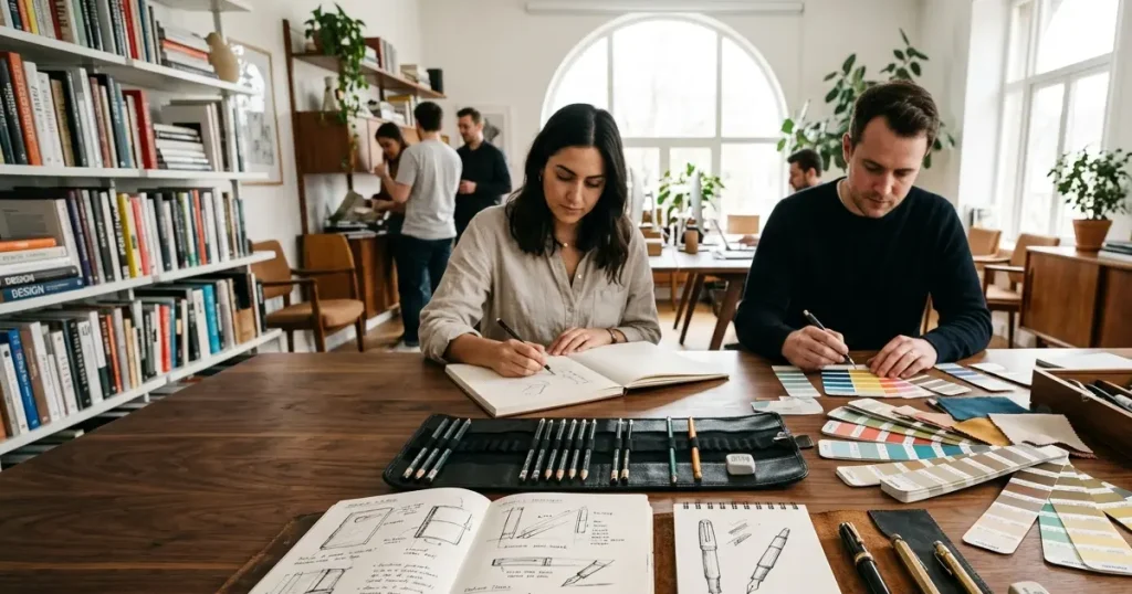 A luxury creative agency workspace featuring tactile analog design materials, sketchbooks, and physical swatches under soft natural light.